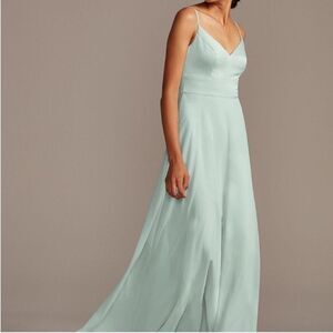 David’s bridals womans dusty sage long spaghetti v neck formal bridesmaid dress
